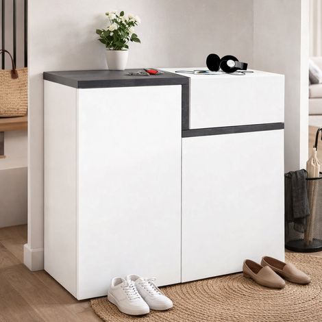 Dmora - Schuhschrank Dmaric, Mehrzweckschrank mit 2 Türen und 1 Klapptür, Eingangsschuhregal, 100% Made in Italy, 80x40h80 cm, Hochglanzweiß und Schiefer (1/5)