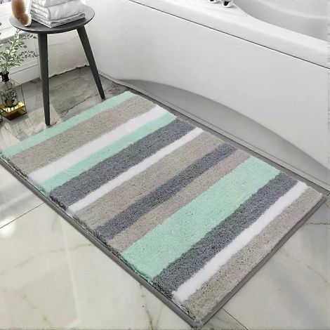 Tapis de bain antidérapant, tapis de bain rayé en microfibre douce, tapis de bain absorbant à poils longs, lavable en machine - 40 x 60 cm - Vert/Gris (1/4)