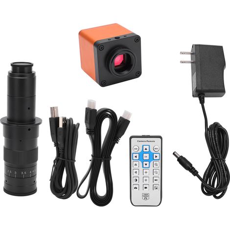 Caméra microscope industrielle 34MP 180X, capteur HD, sortie HDMI et USB, objectif C-Mount, alimentation AC100-240V avec prise US, pour inspection et observation précise. (1/5)