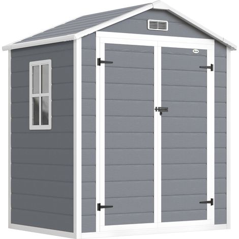 Abri jardin résine polypropylène 2,12 m², 2 portes, 1 fenêtre, grille d'aération, toit à pignon, gris (1/5)