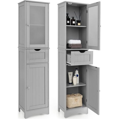 COSTWAY Meuble Colonne de Salle de Bain avec 2 Portes et 1 Tiroir/Armoire Haute 4 Niveaux avec Étagères et Porte en Verre Dépoli pour Salon Chambre Cuisine-40 x 30 x 170 cm Gris (1/5)
