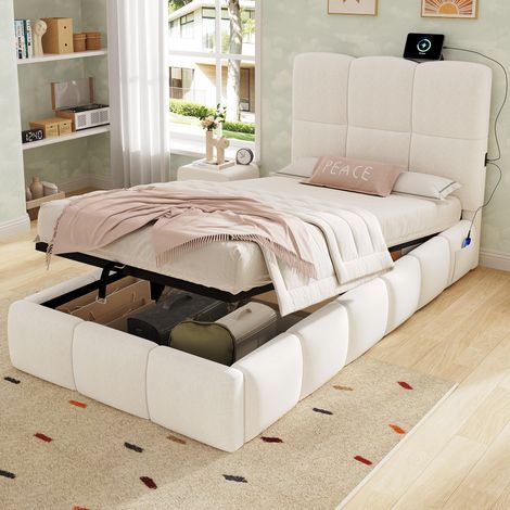 REDOM - Lit enfant 90x200 cm - avec rangement hydraulique - sommier - tête de lit - velours - beige (Sans matelas)