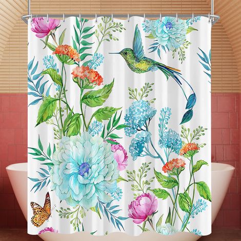 Rideau de douche 180 x 200 cm, motif fleurs oiseaux, ourlet lesté, anti-moisissure, imperméable, lavable, en polyester, avec 12 œillets et anneaux de rideau de douche, pour salle de bain (1/5)