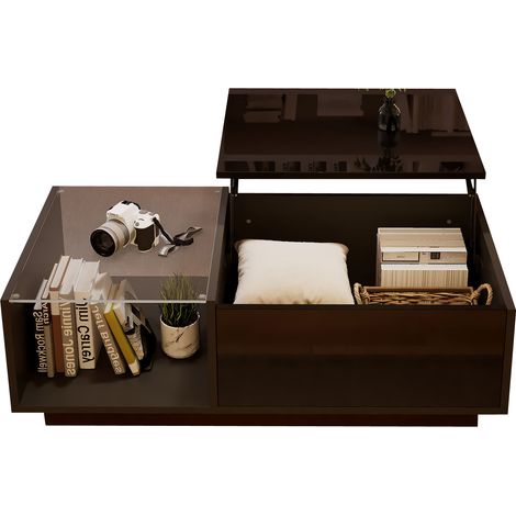 Table basse LED salon, table de salon brillante, table à café réglable en hauteur avec rangement caché et étagère, 50 x 100 x (33-46,5) cm (1/5)