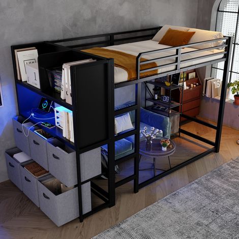Letto a soppalco 120x200 cm in metallo nero con contenitore laterale, senza materasso – MEUBLIV (1/5)