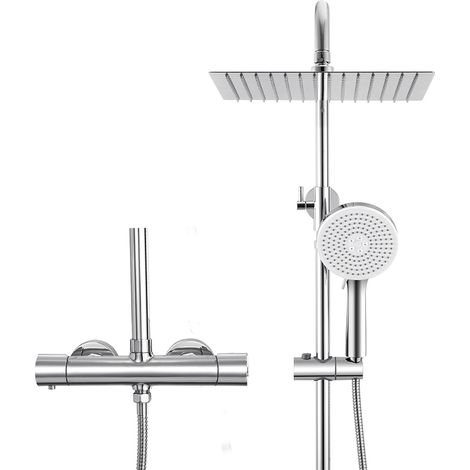 Colonne Douche Thermostatique Chromé, tête douche carrée 30 x 30 cm, Pommeau Douche ronde 5 Jets, Douche Pluie Réglable en Hauteur