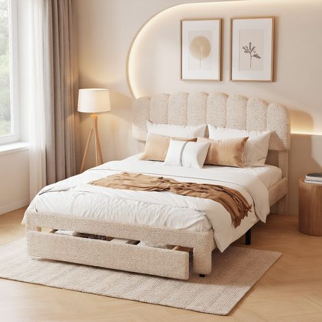 Polsterbett 160 x 200 cm, Doppelbett mit USB-Ladestation, modern Jugendbett mit verstellbarem Kopfteil und Stauraum, Bettgestell mit Lattenrost, Teddystoff Beige, Ohne Matratze