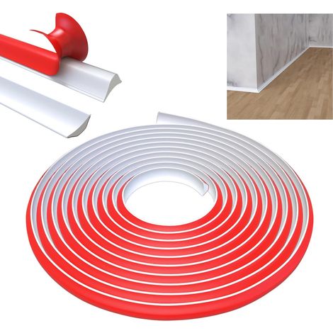 Bande de moulage flexible en TPE - 5 m - Autocollant quart de rond - Bande de moulage pour bord de carrelage, plinthe, coin mural, sol, plafond (12 mm x 9 mm, blanc) (1/4)