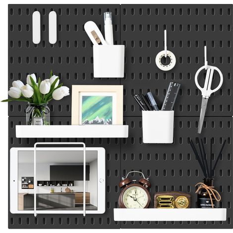 Kit d'organisation murale combinée, 4 panneaux perforés et 17 accessoires de suspension modulaire, kit de panneaux perforés pour chambre à coucher, maison, bureau, salle de bain, 55,9 x 55,9 (1/5)