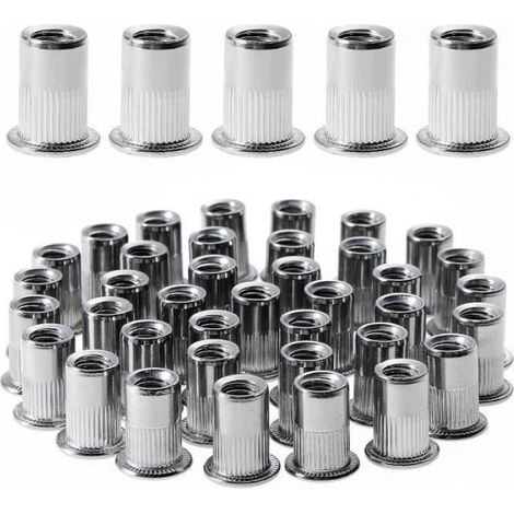 100 pièces M6 écrou à rivet fileté à tête plate, écrous à riveter fileter en acier inoxydable, inserts filetés (12 mm  15 mm) (1/4)