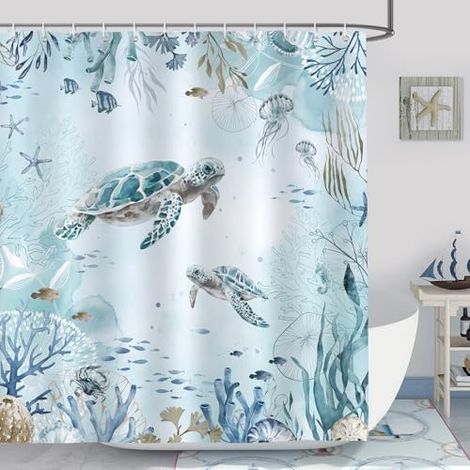 Rideau de Douche Tortue de Mer Océan Bleu Algue Rideau de Bain Tissu Polyester Anti Moisissure Imperméable Lavable Rideaux Salle de Bain 180 x 180 cm avec 12 Crochets pour Baignoire (1/4)