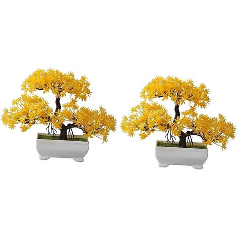 Lot de 2 plantes artificielles bonsaï en plastique, petits pots, fausses plantes et fleurs décoratives pour la maison, la chambre ou la table, jaunes (1/5)