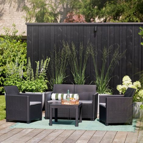 Dmora - Loungeset für draußen Guarano, Outdoor-Lounge mit Couchtisch, Terrassenset mit Kissen, 113x65 h74 cm, Anthrazit (1/5)
