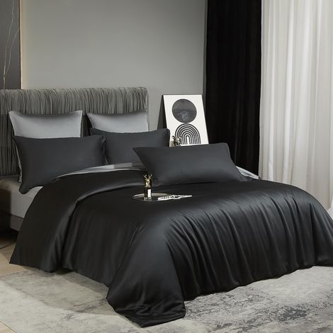 Parure de lit réversible en bambou 200 x 220 cm - Été rafraîchissant - Noir et gris foncé uni - Housse de couette en lyocell douce avec fermeture éclair et 2 taies d'oreiller de 80 x 80 (1/5)
