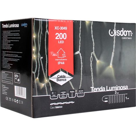 Tenda luminosa 300x100 cm 200 Led Bianco Caldo con flashLED Bianco Freddo prolungabile alimentatore incluso IP44 per esterno e interno Nero/Celeste 3x1 metri - 200 Led Bianco Ghiaccio