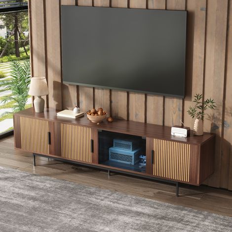 Mueble TV 200x35x53 cm negro y nogal marrón en MDF y aglomerado con LED y puertas de vidrio templado (1/5)