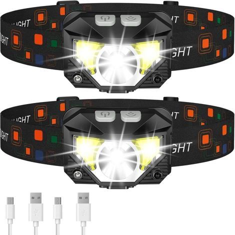 Set di 2 lampade frontali a LED ultraleggere, impermeabili e ricaricabili – 8 modalità di luce bianca/rossa con sensore di movimento – ideali per campeggio, escursionismo, pesca e corsa (1/5)