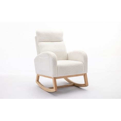 Mid Century Modern Teddy Fabric Upholstered Rocking Chair Padded Seat For Living Room Bedroom, Beige