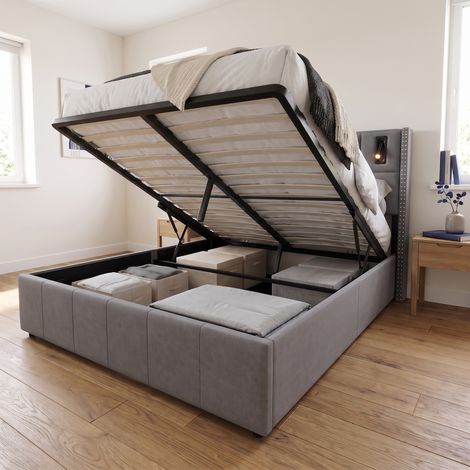 Lit coffre double 140x200 cm avec lampes de lecture, lit capitonné adulte en velours et sommier à lattes, style moderne, Beige