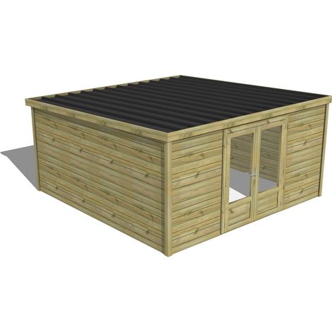 Abri Français – Abri de jardin bois pin traité autoclave 28mm – Bac acier – Dimensions 4,34x4,34m – Hauteur 2,32m – Installation facile et rapide