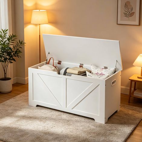 Panca portascarpe 100x40x47 cm in legno bianco con vano contenitore FloraGrace (1/5)