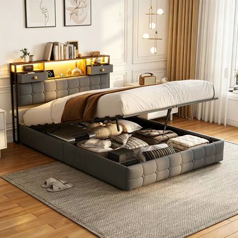 Lit capitonné 140×200cm avec lumière LED, lit coffre avec ports USB et Type-C, lit double à gaz avec tiroirs, rangement dans la tête de lit, Sommier à lattes, lit ados, Velours, Gris