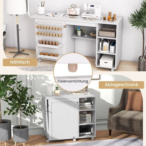 Table de couture 2 en 1, bureau pliable, station de machine à coudre multifonctionnelle avec étagères blanches (1/5)