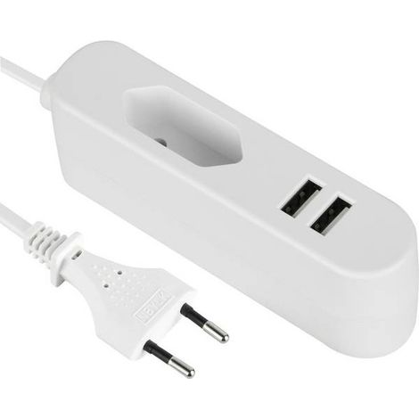 Prolunga euro cable con 2x usb porte di ricarica usb: 2,4a uscita condivisa, cavo da 1,4 m, bianco, perfetto per i viaggi