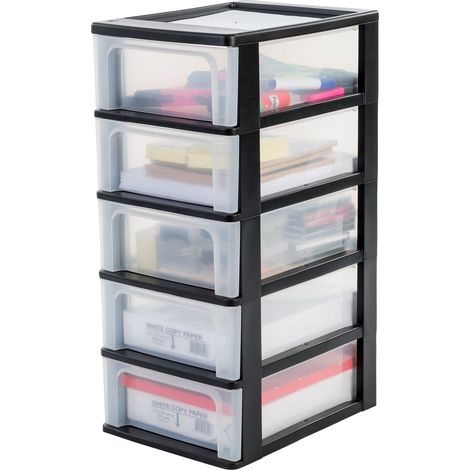 Tour de Rangement Plastique, 5 Tiroirs Moyens, Noir, Ouverture Facile, Format A4, A5 (1/5)