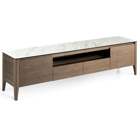 Meuble TV bois revêtement marbre céramique fermeture souple - Noyer, blanc, gris (1/5)