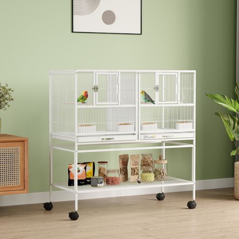 Grande cage à oiseaux avec séparateur, roulettes, 4 mangeoires, 4 perchoirs, étagère, 2 plateaux amovibles, 95 x 45,5 x 102 cm, blanche (1/5)