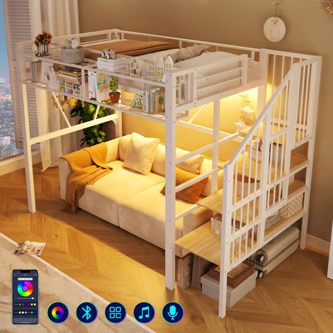 Lit mezzanine métal 90 x 200 cm avec bande LED, Lit Superposé avec marches de rangement, éléments en grille, panier de stockage, espace ouvert sous le lit – sans matelas (1/5)