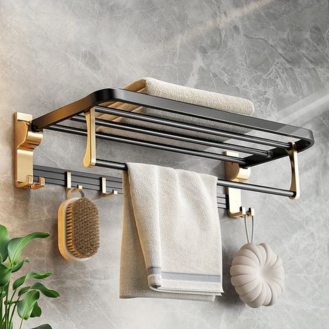 (Noir et or) Porte-serviettes mural multifonctionnel en aluminium spatial avec crochet et rangement intégrés, pliable, gain de place, design moderne. (1/5)
