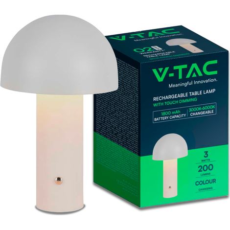 Lámpara de mesa LED recargable V-TAC de 3 W, metal blanco, táctil y regulable, 3 en 1