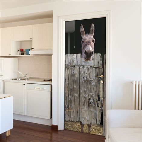 Sticker Porte Humoristique 175x60cm - Photo Étable avec Âne Toilette: Décorez votre Porte avec ce Motif Amusant et Drôle (1/2)