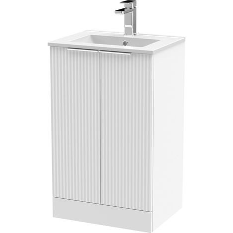 Tixall Fluted 2 Door Floor Standing Vanity Unit with Minimalist Basin, Satin White, 500mm