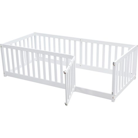 Lit d'enfant 90 x 200 cm, fond en bois Cadre de lit avec barrière et porte - Blanc (1/5)