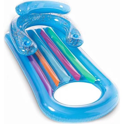 Matelas flottant gonflable avec dossier – Fauteuil de piscine en PVC bleu transparent avec porte-gobelet et accoudoirs – Matelas flottant pour adultes (145 × 75 cm) – Pompe à air incluse (1/5)