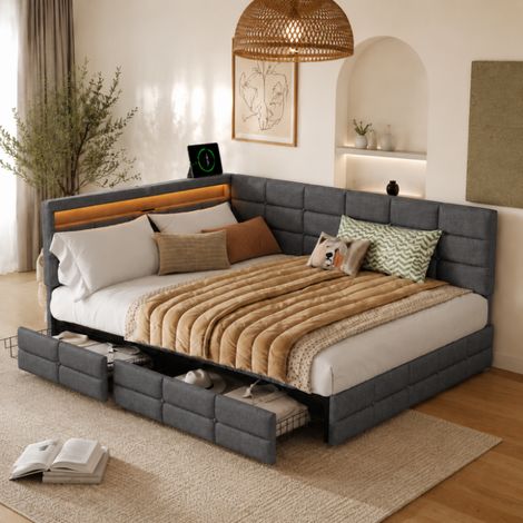 Canapé-lit 140x190-Lit avecavec dossier amovible (réversible)-cadre de lit double avec LED et USB/Type C-lit avec 2 tiroirs -lit 2 Personnes-tête de lit rembourré-MDF, Gris-lin (1/5)