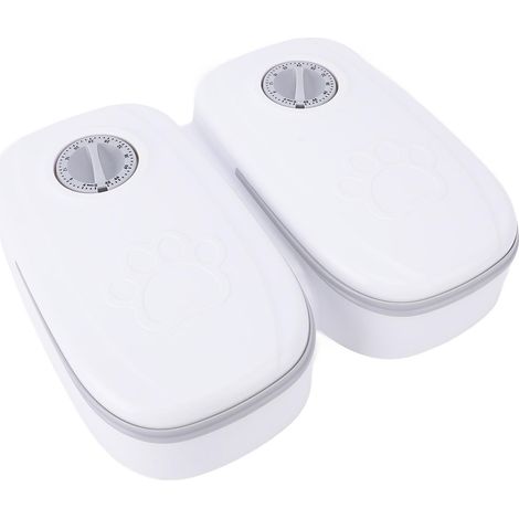 Distributeur automatique de croquettes pour animaux (2 repas), avec minuterie, fond antidérapant et gamelles séparées, gris. (1/5)
