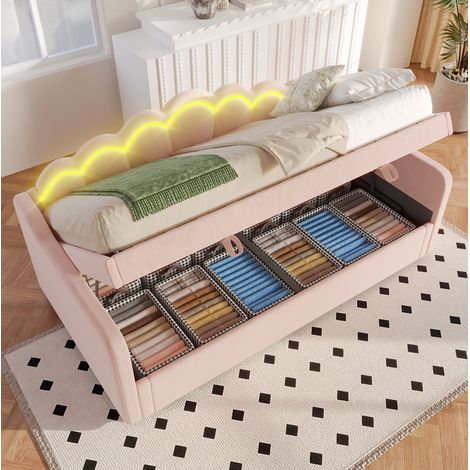Lit coffre 90x200 en velours rose avec LED HAVRYA (1/5)