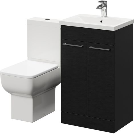 Alessio Nero Oak 500mm Vanity Unit and Toilet Suite including Open Back Toilet and Floor Standing Vanity Unit with 2 Doors and Polished Chrome Handles (1/5)