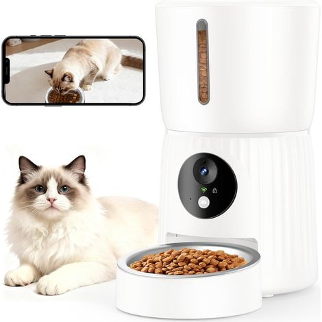 Automatic Cat Food Dispenser, HD 1080P Camera with Night Vision, 5G WiFi Feeder for Cat/Dog with Two-Way Audio, APP, Dual Power (White) (1/5)