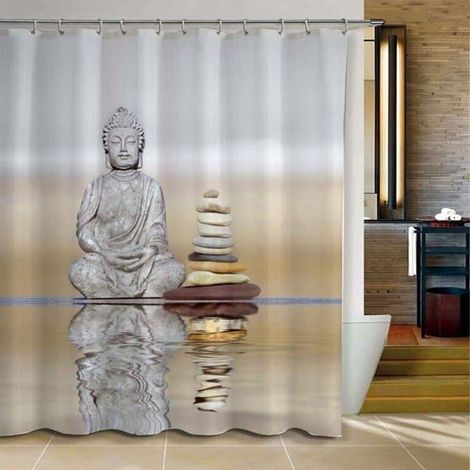 3D Rideau de Douche Bain Bouddhisme Cascades Tissu+12 Crochets 180180cm (1/4)