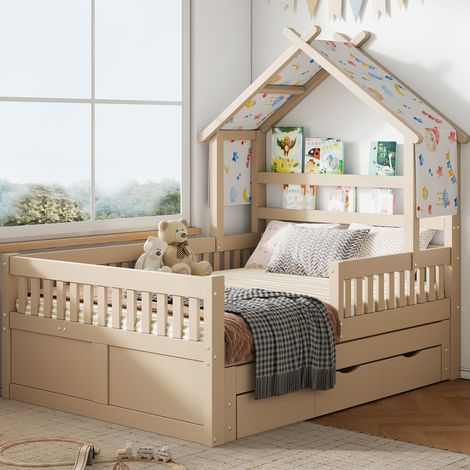 Cadre de lit maison en bois crème, 140x200 cm, avec tiroirs intégrés et barrière de protection, lit escamotable, 3 rangements, style scandinave pour chambre enfant (1/5)