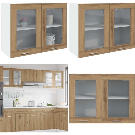 Vitrina colgante "Lyon" roble artesanal 80x31x60 cm madera de ingeniería - Almacenamiento de cocina - Vitrina colgante