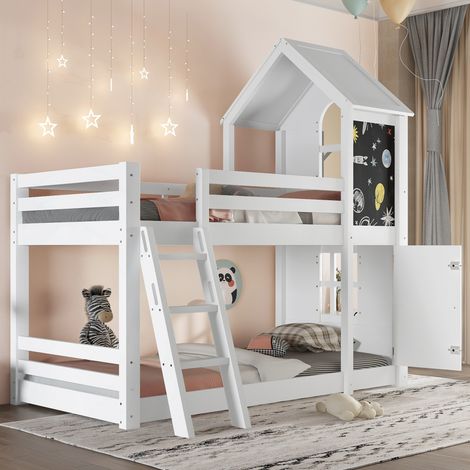 Litera 90x200 cm con puerta pequeña y pizarra escalera de tres peldaños estructura de madera blanca apto para niños(Sin Colchón) (1/5)
