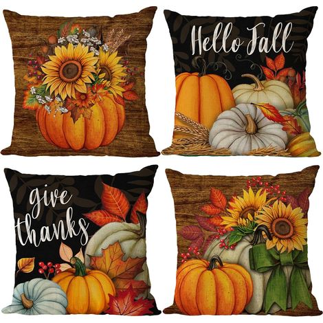 Fundas de cojín decorativas de otoño, 45x45 cm, juego de 4, estampado de calabazas y girasoles, naranja y negro, para sofá, jardín o uso interior. (1/5)