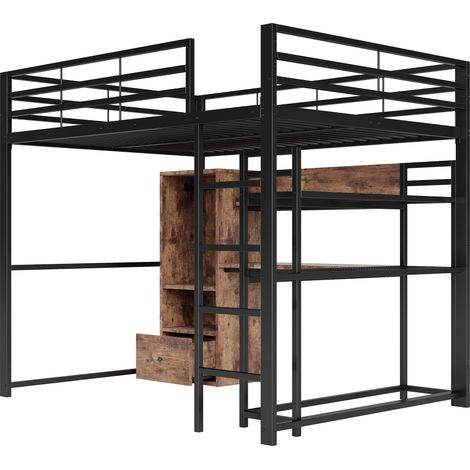 Lit mezzanine 140x200 cm en métal et MDF avec LED, bureau, tiroir, étagères, noir (1/5)