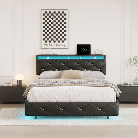 Lit 160x200 cm - LED - USB - tissu en PU - cadre de lit flottant 160x200 cm - noir (1/5)